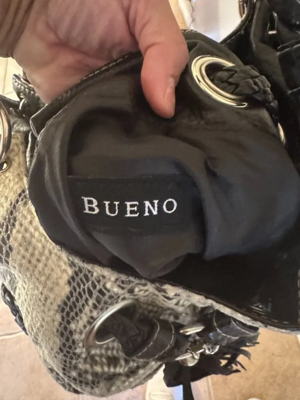 Bueno black and white snake skin look shoulder bag